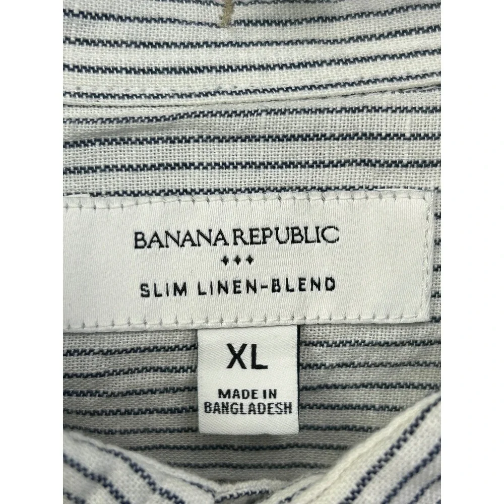 Banana Republic Shirt Mens XL White Navy Striped Slim Linen Blend Long Sleeve